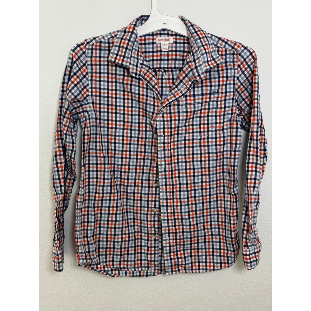 Cat & Jack Boys Orange Navy Blue Plaid Button Down Shirt L 12/14 Long Sleeve
